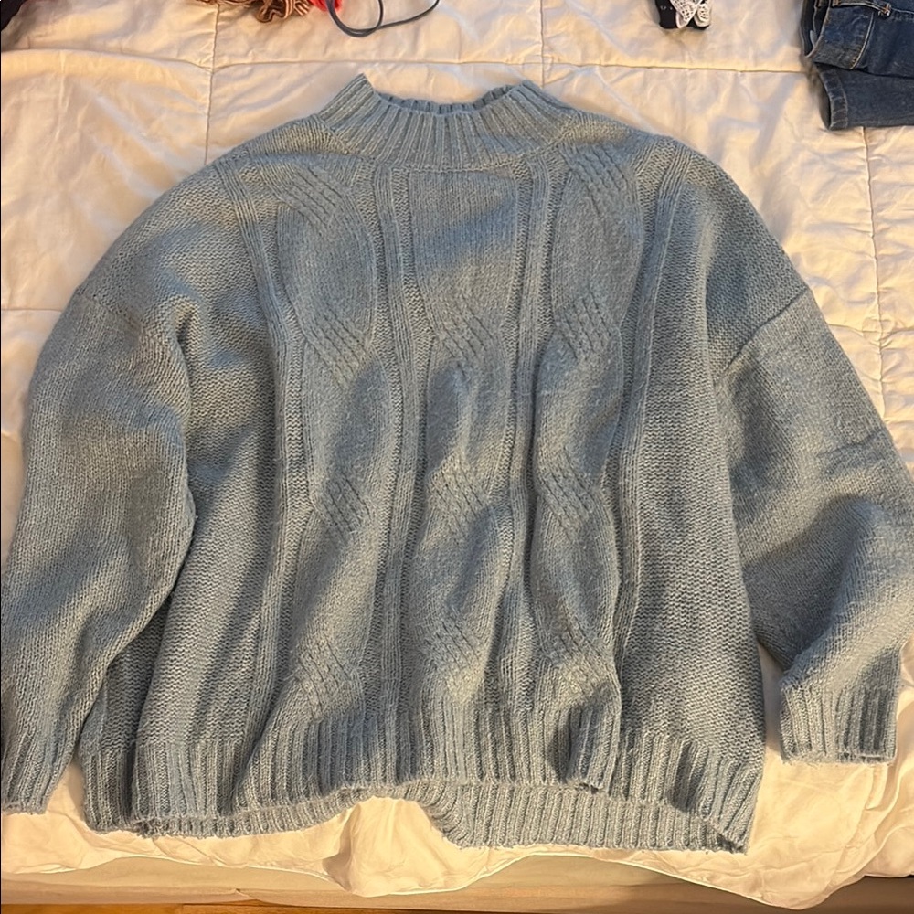 Cozy Sky Blue Cable Knit Turtleneck Sweater